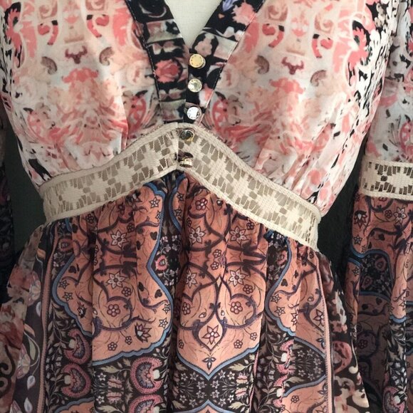 Y2K Vintage Bebe Silk Babydoll Empire Waist Bell Sleeve Blouse - Picture 7 of 15